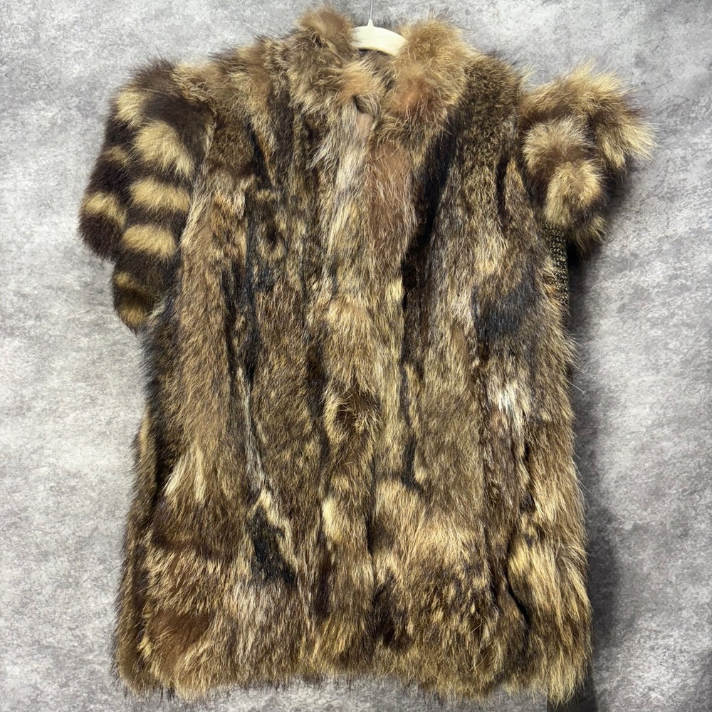 Vintage Real Raccoon Fur Vest Brown Striped Zip Front Leather Belted S/M